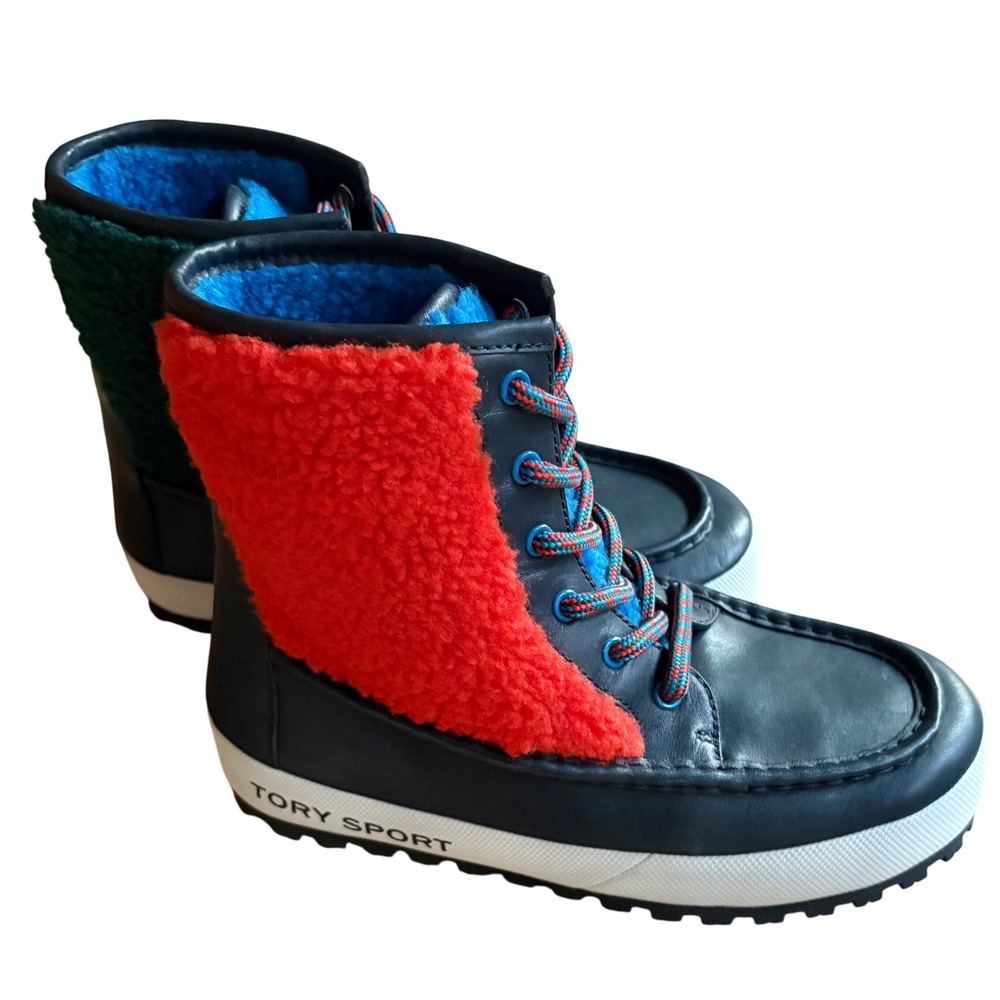 $298 NWOB TORY SPORT Leather/Shearling Winter Ankle Boots Navy Conifer Red SZ 6